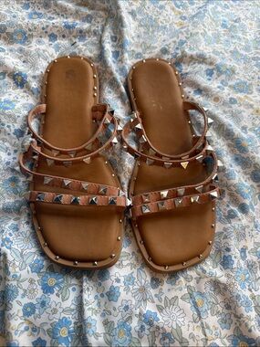 Studded Brown Leather Slide Sandals - Women's size 7 /12
